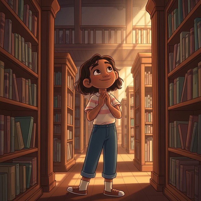 A more confident Maya standing in the library entrance, looking back over rows of tall bookshelves with a reflective, grateful smile on her face