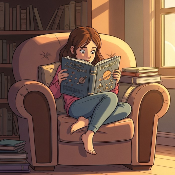 A girl curled up in a library armchair, deeply absorbed in an illustrated book about planets and stars as afternoon light slowly fades around her