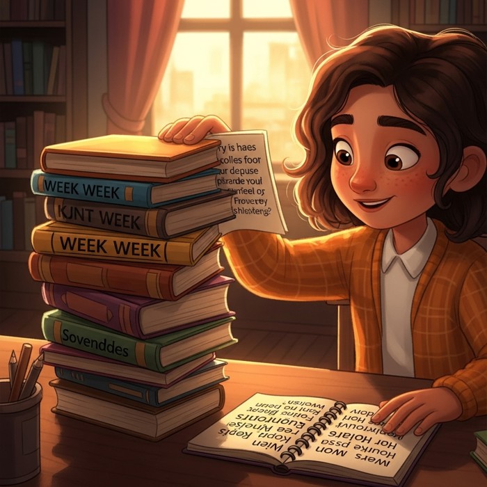 A stack of books on a library table growing taller week by week, Maya's hand flipping pages quickly, a small notebook filled with new words beside her