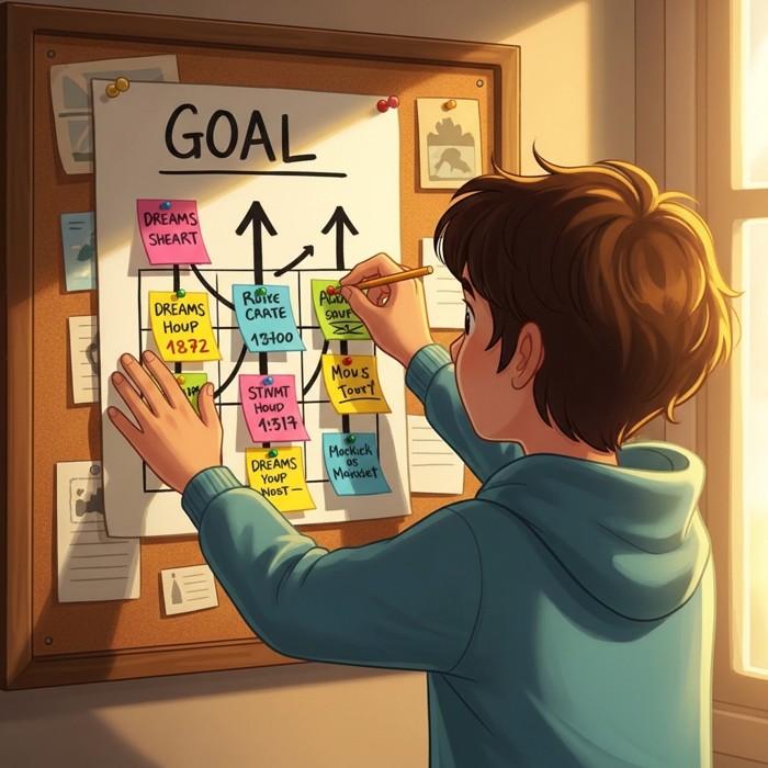 A young person pinning a hand-drawn goal chart to a corkboard, arrows pointing upward and sticky notes filled with dreams and milestones in bright colours