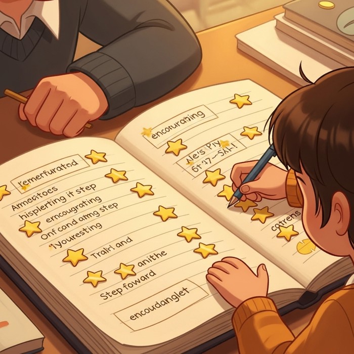 A close-up of a student's notebook filled with gold stars and encouraging teacher comments, each page representing a small but meaningful step forward