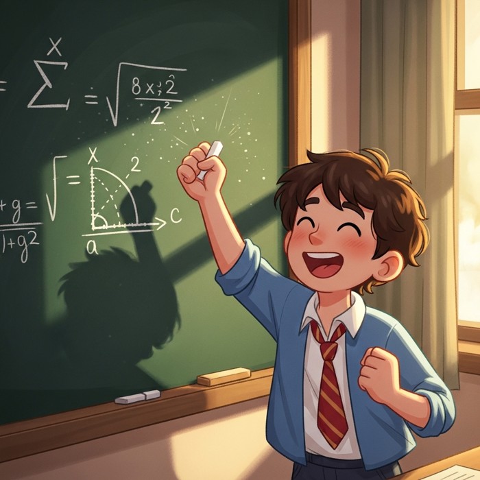 A student fist-pumping in triumph after solving a complex equation on a chalkboard, chalk dust in the air and a wide grin spreading across their face