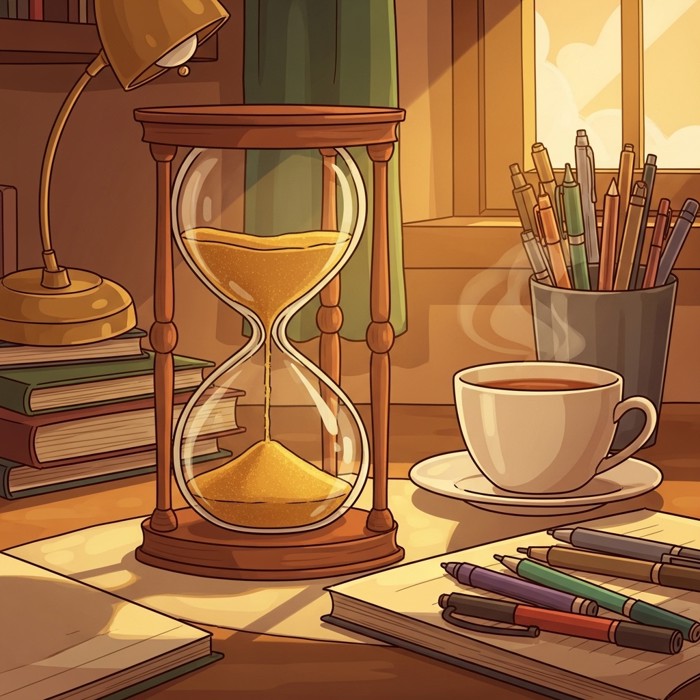 A clear glass hourglass with golden sand flowing smoothly, placed on a tidy study desk beside a cup of tea and a neatly arranged set of colored pens