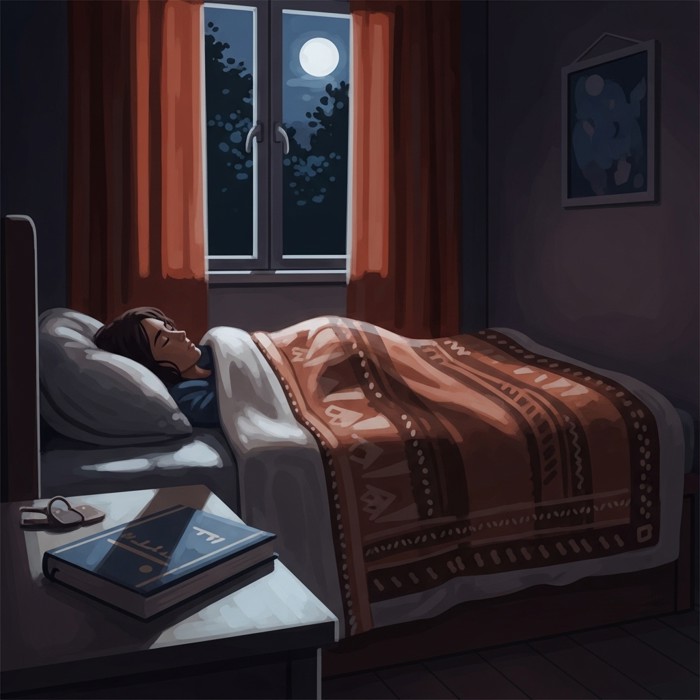 A cozy bedroom at night with soft moonlight through curtains, a student peacefully sleeping under a warm blanket with a closed textbook resting on the nightstand