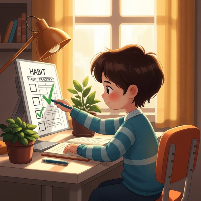 A cheerful student at a bright desk making a checkmark on a habit tracker chart, a small plant nearby, morning sunlight filling the room with a sense of fresh motivation