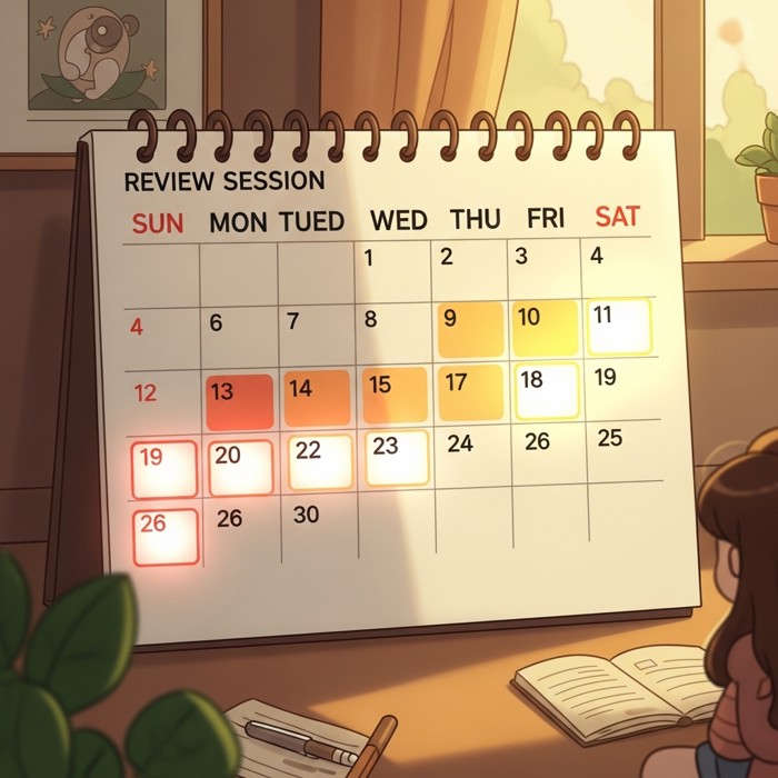 A vivid calendar with color-coded review sessions spread across multiple days, each day's box glowing brighter as the week progresses