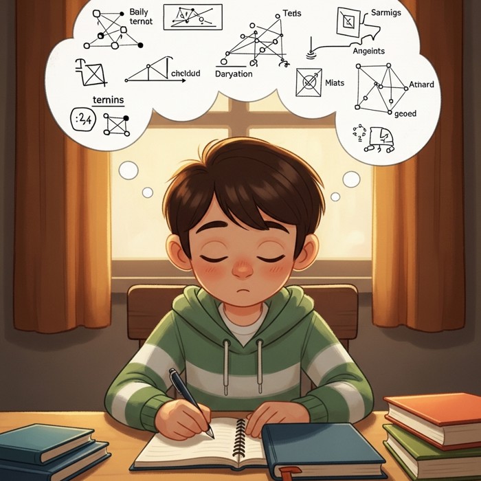 A student sitting at a desk with a closed notebook in front of them, eyes closed in concentration, thought bubbles floating above filled with diagrams and key terms