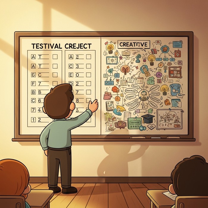 A teacher standing before a whiteboard split in two — one side showing a conventional multiple-choice test sheet, the other bursting with colourful diagrams, mind maps, and creative project ideas — gesturing emphatically toward the creative side.
