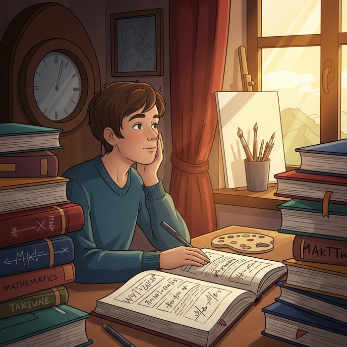 A teenager sitting at a desk surrounded by thick mathematics textbooks, looking longingly at a paintbrush and blank canvas pushed to the corner of the room, sunlight highlighting the untouched art supplies.