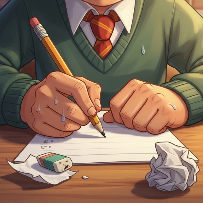 A close-up of a student's hands tightly gripping a pencil over a blank answer sheet, sweat glistening on their knuckles, an eraser worn down to nothing beside a crumpled piece of paper.