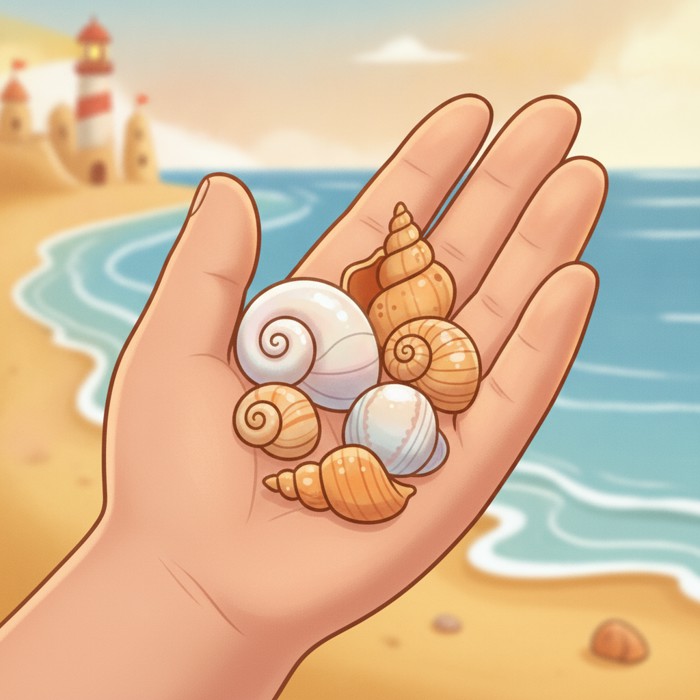 A cupped palm holding a mix of seashells side by side, some smooth and pearly white, others rough-edged and twisted into odd spiral shapes