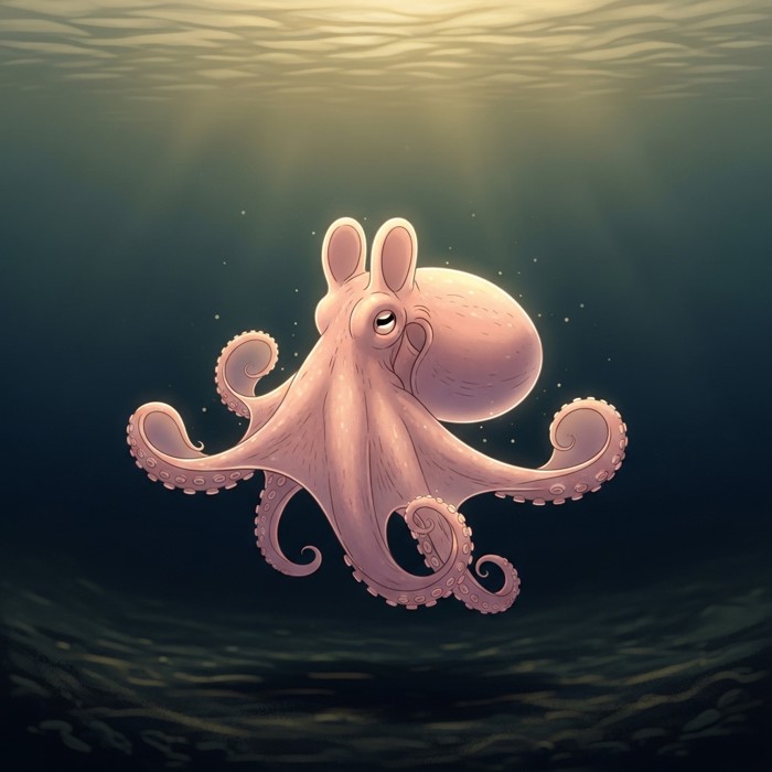 A serene and ethereal shot of a dumbo octopus floating just above the deep ocean floor, its two rounded ear-like fins gently flapping in slow motion, soft pink and translucent body glowing faintly against the dark sediment below