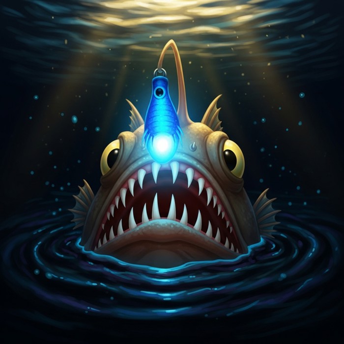 A close-up portrait of an anglerfish emerging from total blackness, its jagged teeth gleaming white, a vivid electric-blue bioluminescent lure dangling above its open mouth and casting an eerie glow on the surrounding deep water