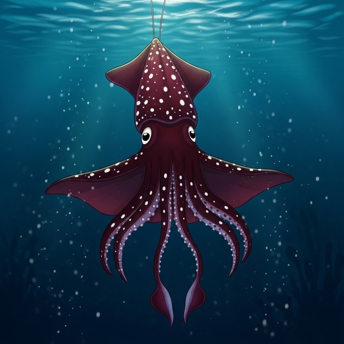 A vivid close-up of a vampire squid suspended in deep blue-black water, its dark reddish-purple webbed arms spread wide like a cape, white bioluminescent spots dotting its body, drifting peacefully through a soft shower of marine snow