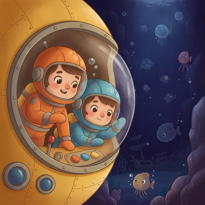 Two researchers peer through the thick circular porthole of a submersible as immense darkness and crushing water surround the vessel