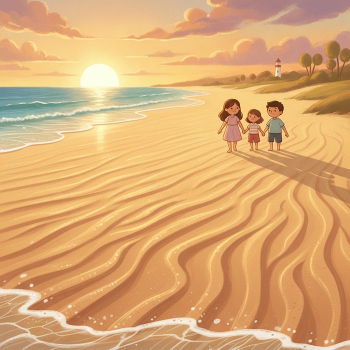 A wide sandy beach with visible ridges of freshly deposited sand left behind by retreating waves, forming delicate ripple patterns under bright sunlight