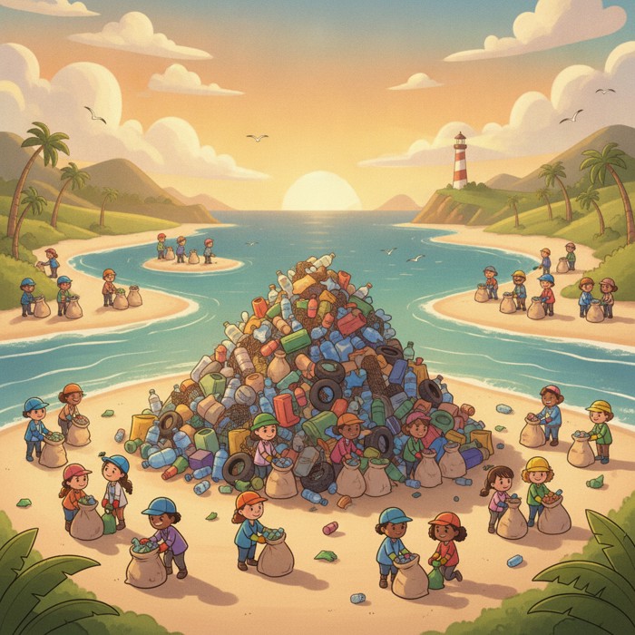 A wide shot of many small groups of volunteers working on different beaches along a coastline, their combined bags of collected trash forming one large pile that represents real change
