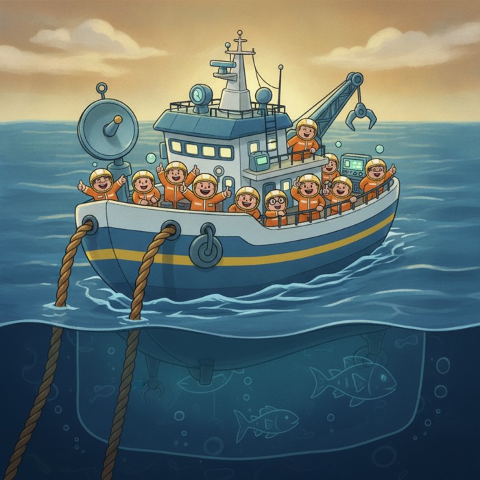 A massive research ship on the ocean surface with thick cables descending into the dark water below, surrounded by expensive equipment and crew in safety gear