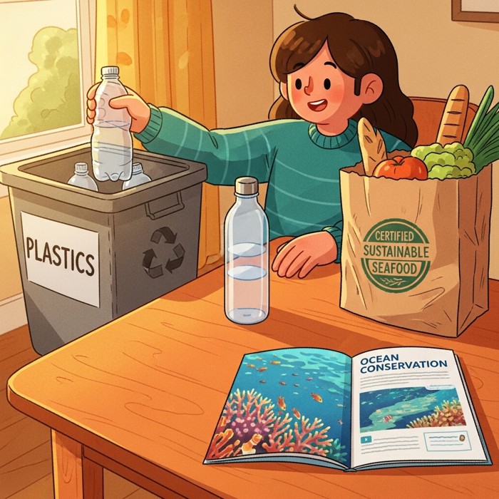 A person at home sorting recyclables away from a reusable water bottle, a certified sustainable seafood label visible on a nearby grocery bag, an ocean conservation pamphlet open on the table