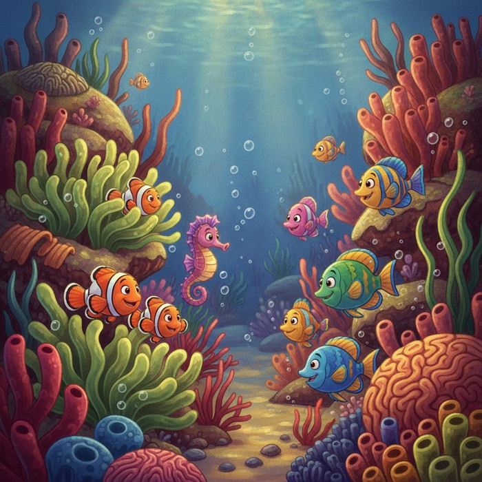 A crowded coral outcrop where dozens of species overlap — striped clownfish, drifting sea plants, a hovering seahorse, and darting parrotfish — all sharing the same colorful patch of reef