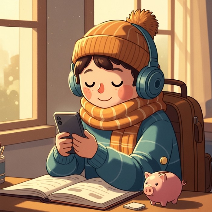 A traveler happily checking a weather app on their phone before booking a flight, a small piggy bank and a calm smiling face beside them.