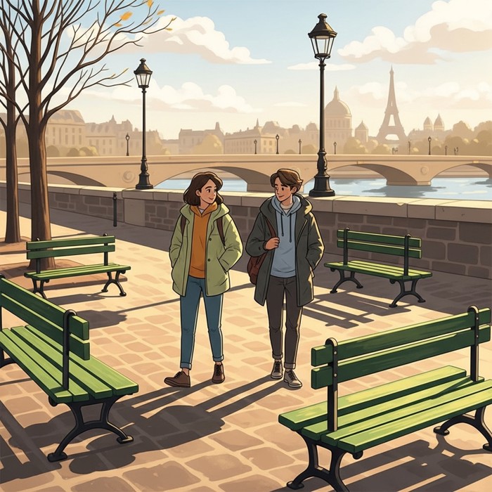 Two relaxed tourists strolling along the Seine in light jackets, empty benches around them, gentle spring sunshine overhead.