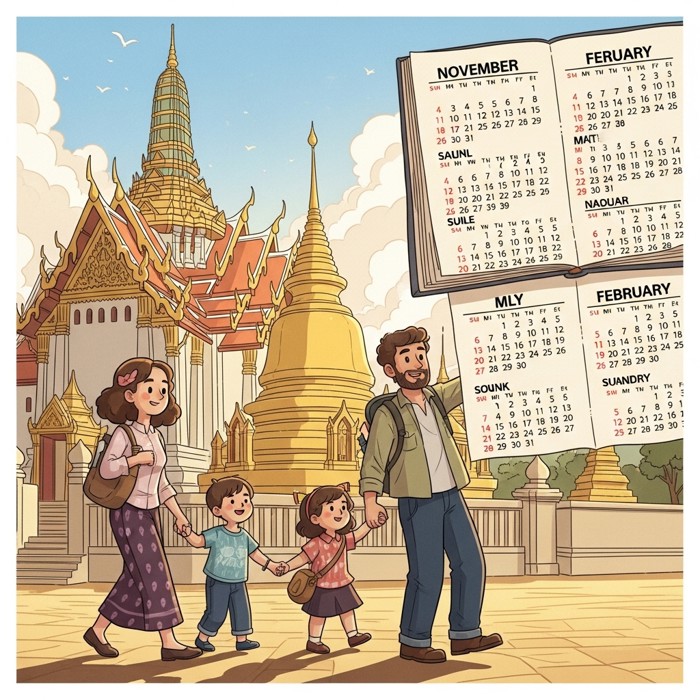 A calendar showing November through February beside a family of tourists comfortably exploring a golden Bangkok temple under a clear sky.