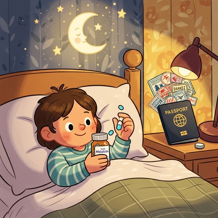 A frequent flyer with a passport full of stamps holding a small melatonin pill bottle, a crescent moon and stars glowing softly above their bed.