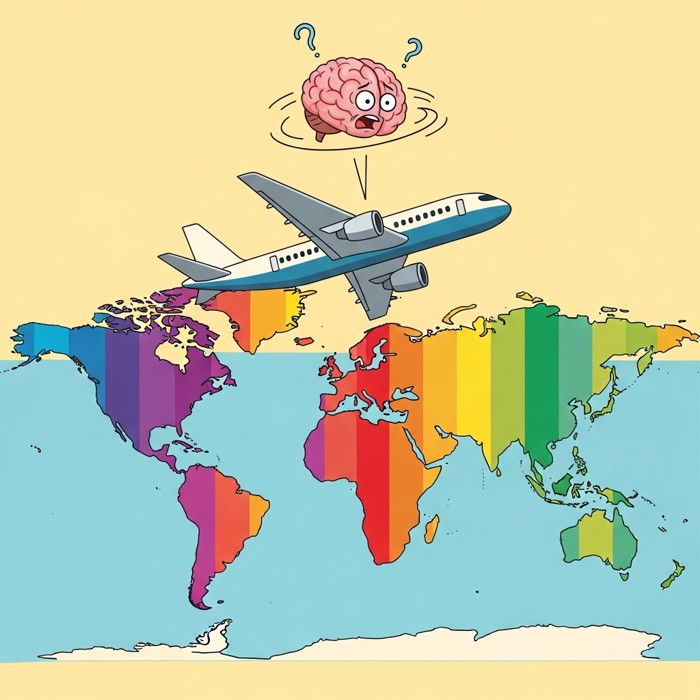 An airplane flying over a world map divided into colorful vertical time zone stripes, with a confused cartoon brain icon spinning above the plane.