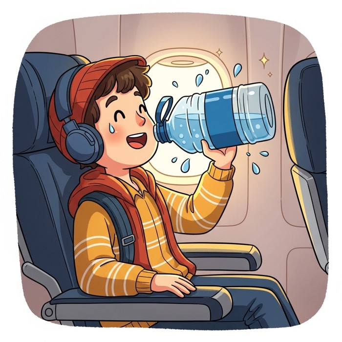 A cartoon traveler in an airplane seat happily drinking from a large water bottle, with small sparkling droplets and a refreshed, energetic expression.