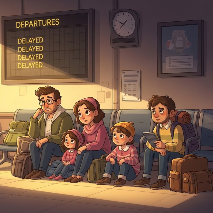 A departure board flashes several delayed flight signs while tired travelers sit on the floor near their gate, waiting.