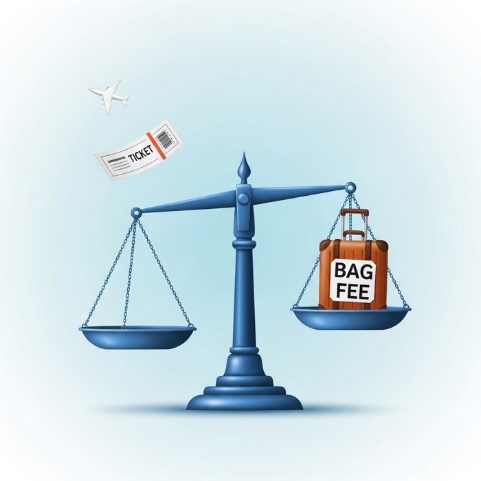 A comical balance scale with a tiny paper airplane ticket floating up on one side, outweighed by a heavy suitcase labeled bag fee on the other.