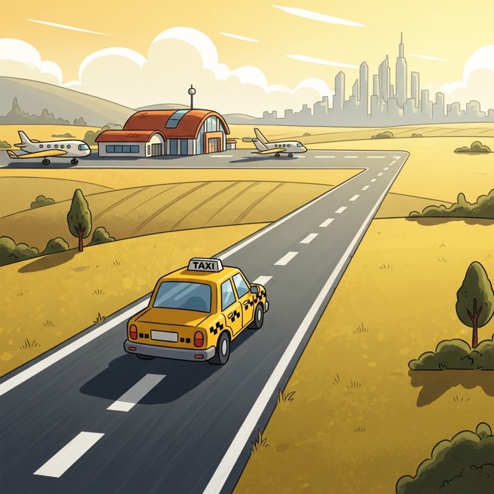 A tiny, quiet countryside airport sits far from a city skyline, with a taxi driving a long dashed road toward the distant tall buildings.