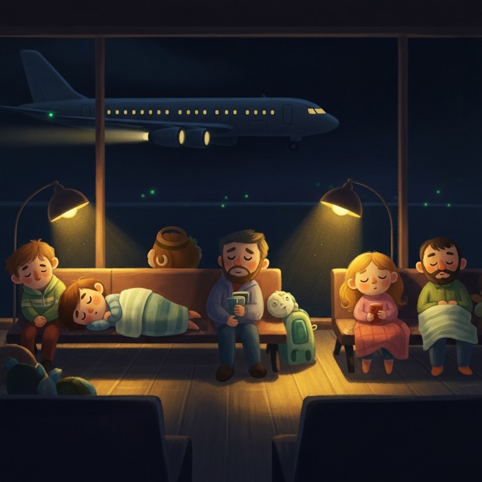 A dim, quiet airport terminal at night with a few tired travelers resting on benches while a lit airplane taxis past the dark window.