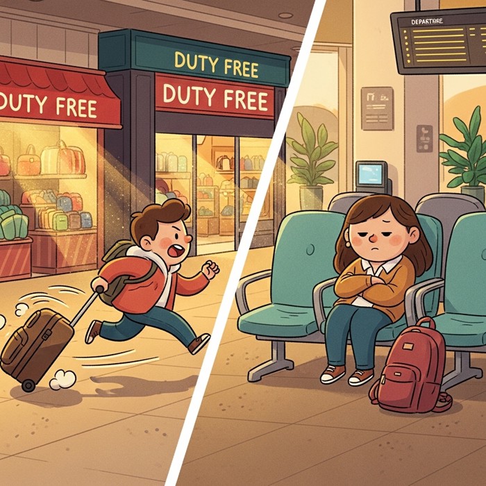 A split scene: one traveler sprinting with a rolling suitcase past duty-free shops, while another sits calmly slumped in a gate chair, looking bored.