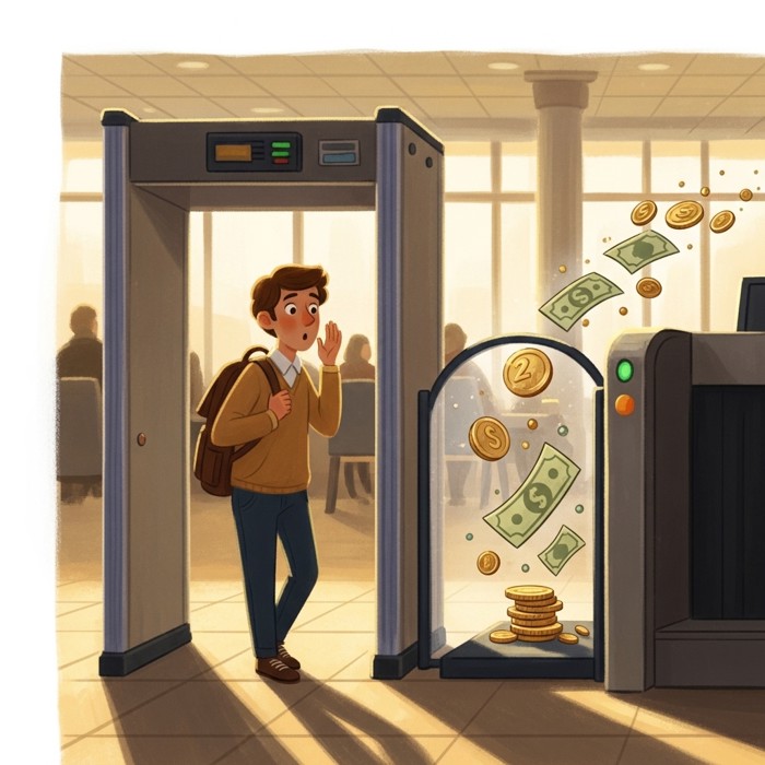 A traveler passing through a metal detector arch while coins and bills appear to float and shrink strangely on the other side.