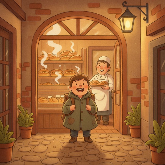 A narrow alley opening into a cozy bakery, warm golden bread in the window, steam rising, a traveler smiling at the doorway.