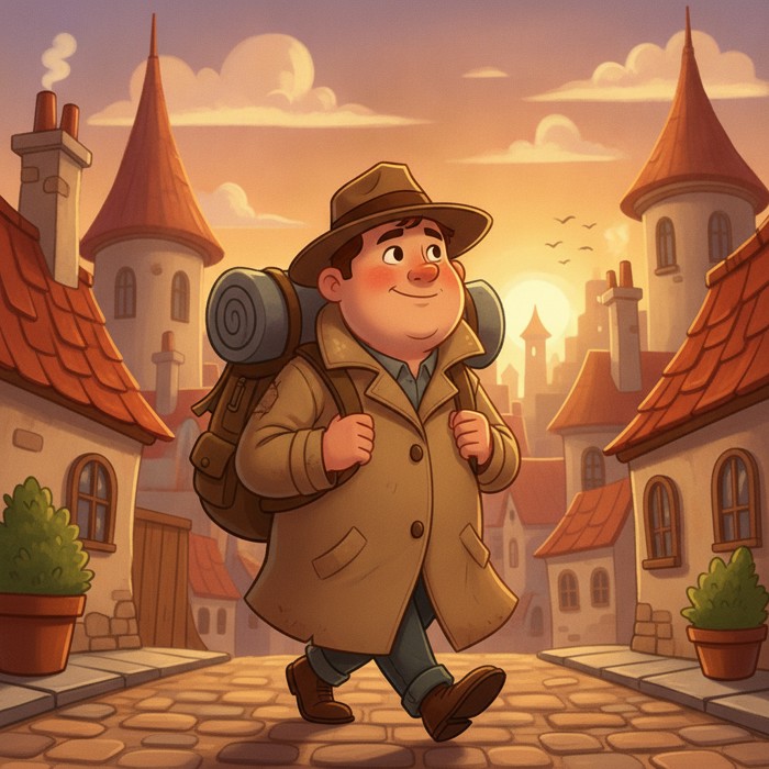 A traveler striding confidently down a street, chin up, a satisfied smile, city rooftops in the background at sunset.