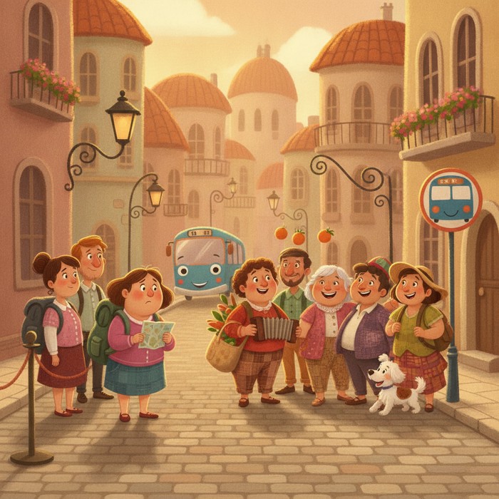 A traveler standing awkwardly in an orderly bus queue in a foreign city, watching locals line up in a completely different, informal pattern nearby.