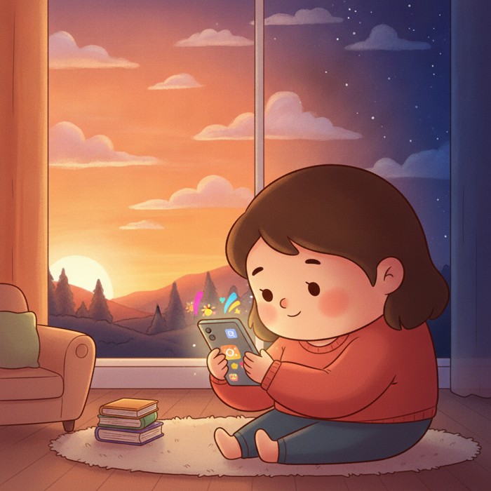 A split scene showing a person hunched over a phone applying photo filters while behind them, unnoticed, a brilliant orange and pink sunset fades into darkness.