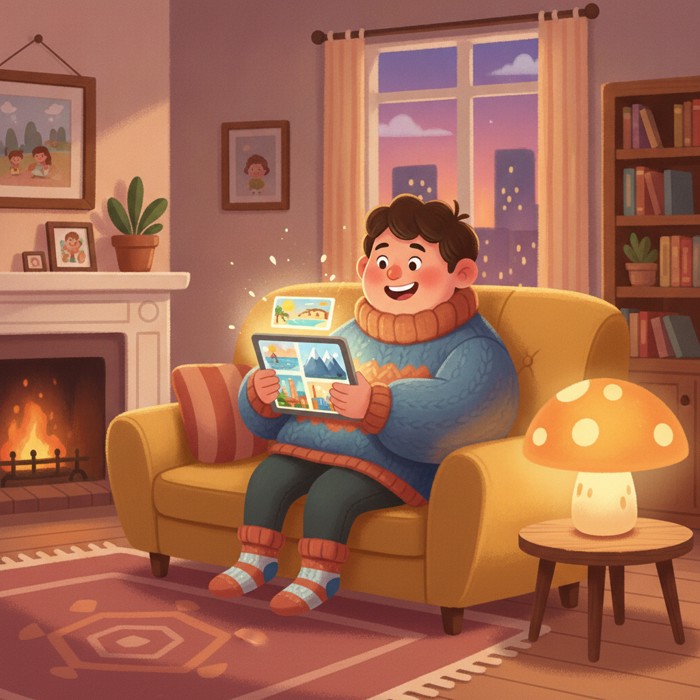 A person sitting on a cozy couch at home, smiling while scrolling through old vacation photos on a tablet, a warm lamp glowing beside them.