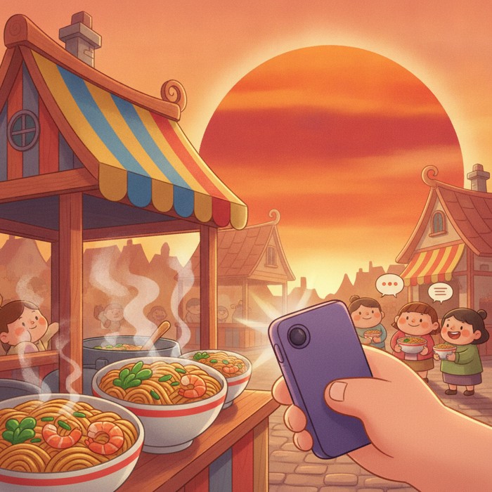 A colorful street food stall with steaming noodles, a hand holding a phone to photograph the dish, a fiery orange sunset glowing behind nearby rooftops.