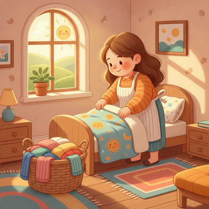 A cartoon mother neatly making a small bed with colorful sheets while a pile of clean clothes sits in a basket beside her, bright morning light through the window.