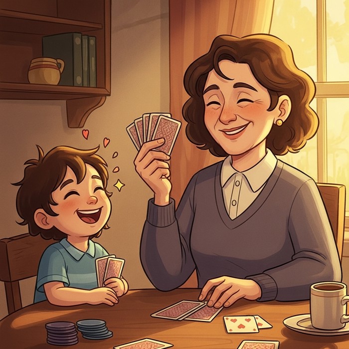 A cartoon aunt holding up a winning hand of cards at a table, grinning proudly while the child laughs in delight.