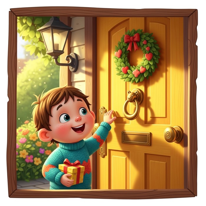 A cheerful cartoon child knocking on a bright front door, smiling with excitement.