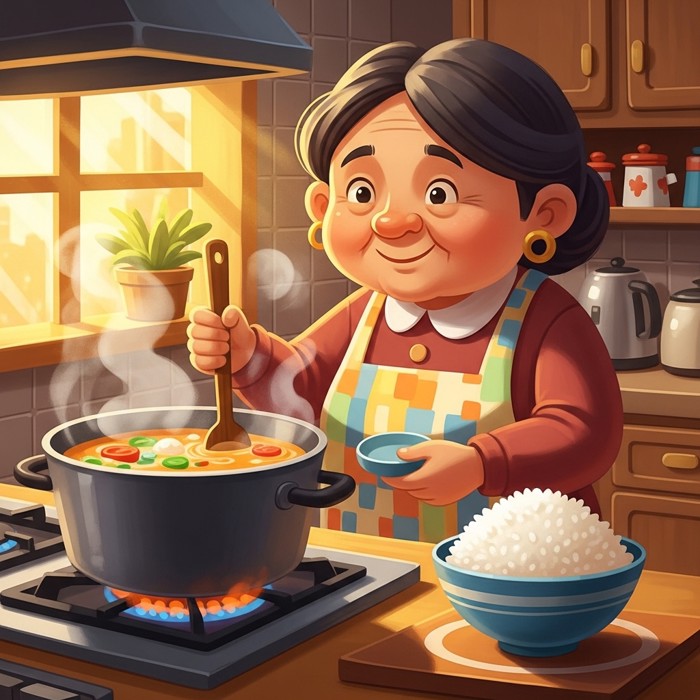 A cartoon aunt stirring a steaming pot of soup on the stove, with a bowl of white rice on the counter beside her.