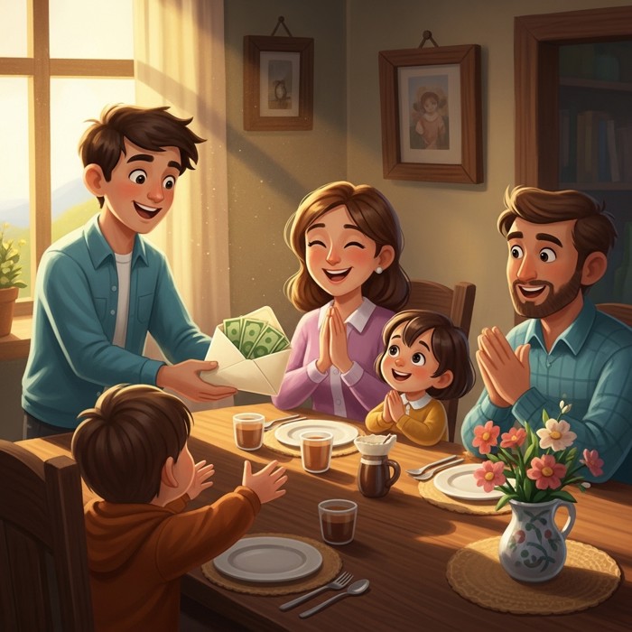 A young man handing an envelope of money to his grateful family at a dinner table, everyone smiling.