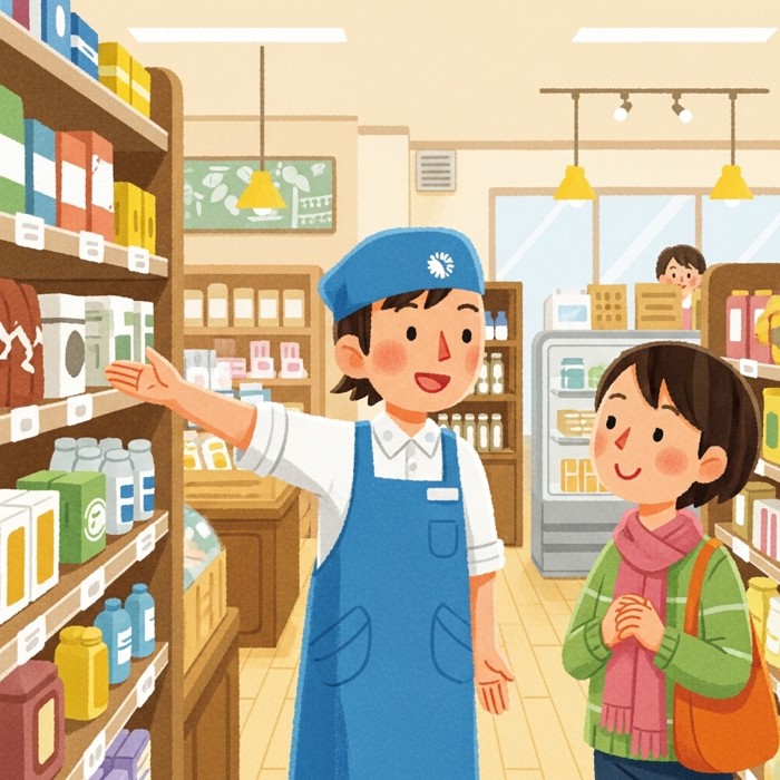 A friendly store worker pointing a customer toward a shelf of products, both smiling, inside a tidy shop.