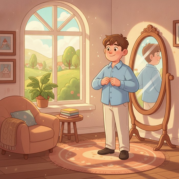 A young man standing in front of a mirror, putting on a neat button-up shirt and tidy pants, morning sunlight through the window.