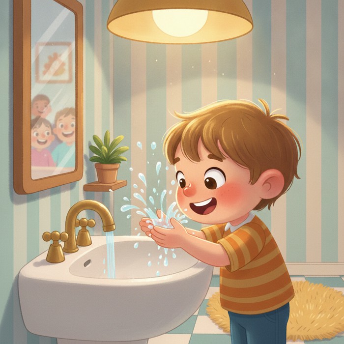 A happy child leaning over a white bathroom sink, splashing cold water on their face, water droplets flying, a bright bathroom light above.